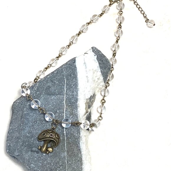 Genuine Clear Quartz Short Necklace, Bronze Round Mushroom + Natural Gemstone - Picture 6 of 15